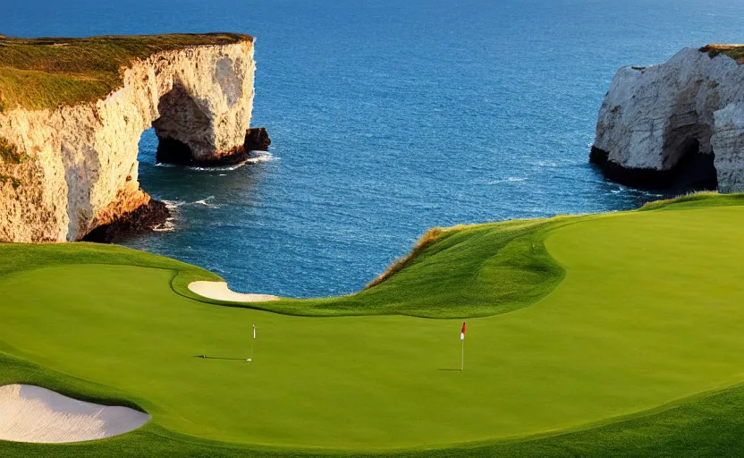 Image similar to a great photograph of the most amazing golf hole in the world, cliffs by the sea, perfect green fairway, human perspective, ambient light, 5 0 mm, golf digest, top 1 0 0, golden hour
