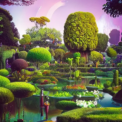 Image similar to beeple painting of a magnificent garden filled with remarkable sculptures, trees, and structures, incredible details