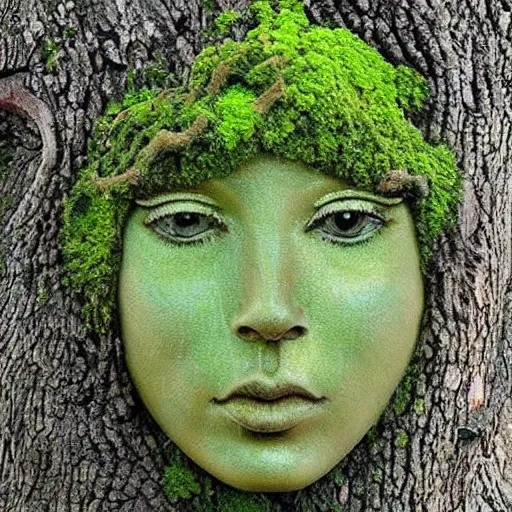 Image similar to mother nature made from a tree, emerging goddess, highly detailed, mossy, flower hair