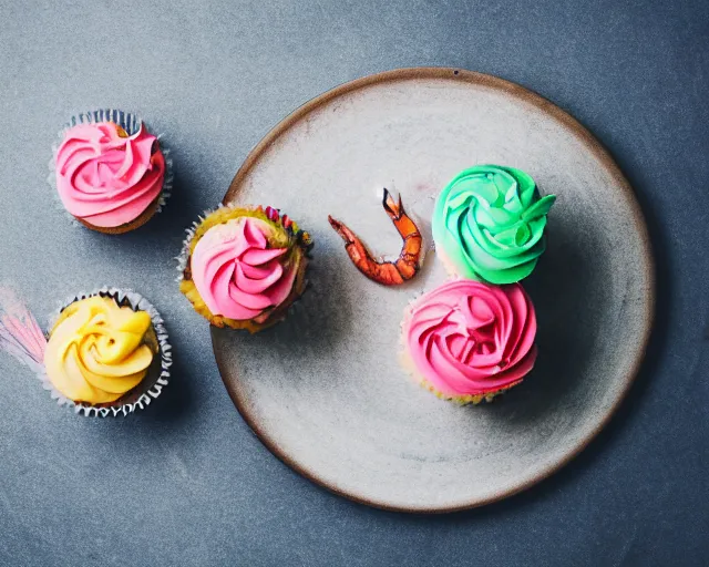 Image similar to dslr food photograph of a cupcake with colored frosting and a shrimp on top, 5 0 mm f 1. 4