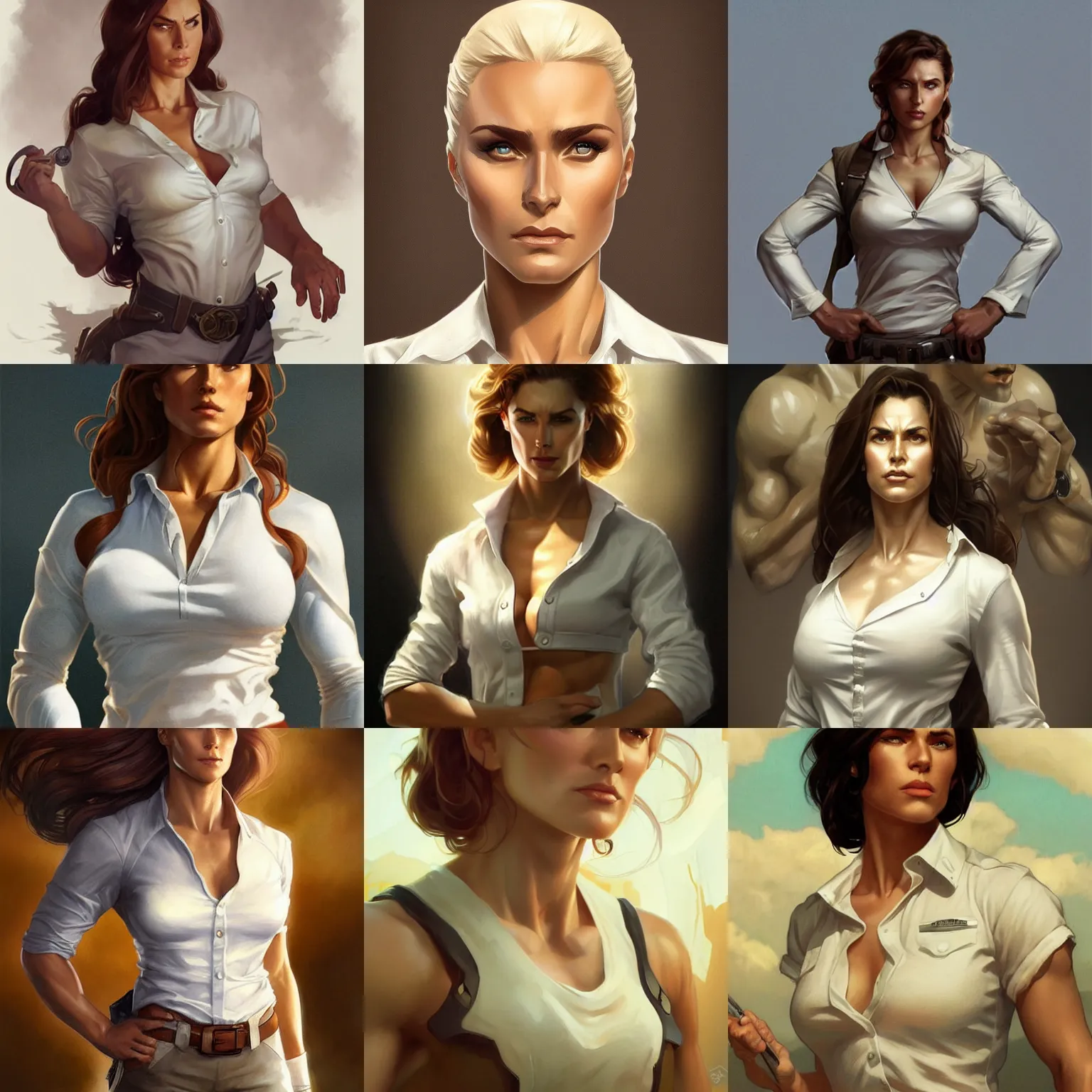 Prompt: female doc savage, white shirt, muscular, fantasy, D&D, portrait, highly detailed, digital painting, artstation, concept art, sharp focus, illustration, art by artgerm and greg rutkowski and alphonse mucha