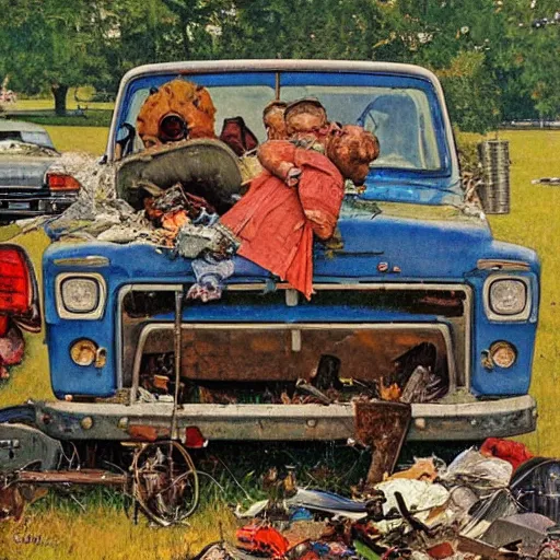 Image similar to A Norman Rockwell painting of a front front yard covered in thrash that has half of an old broken down truck in it, detailed, masterpiece