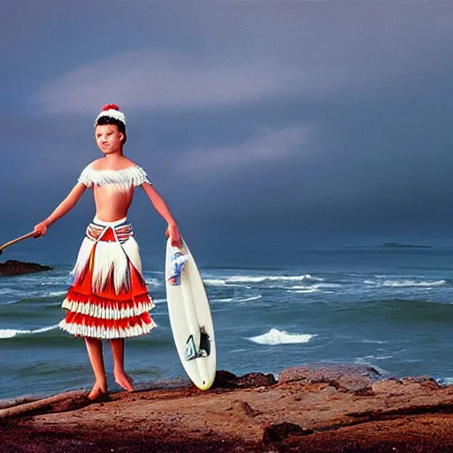 Image similar to The computer art depicts a young girl in a traditional hula outfit. She is standing on a surfboard in front of a beautiful ocean landscape. midday by Tim Walker, by Ed Emshwiller organic