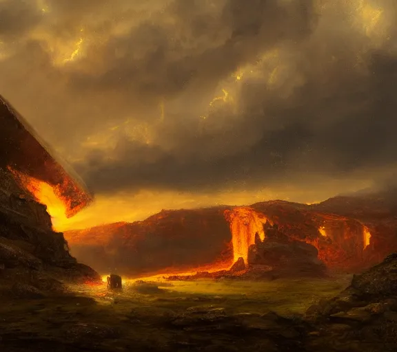 Prompt: landscape portrait of a an immense building made of hot brimstone, with tyler childers hammering the side, by william sidney mount, trending on artstation