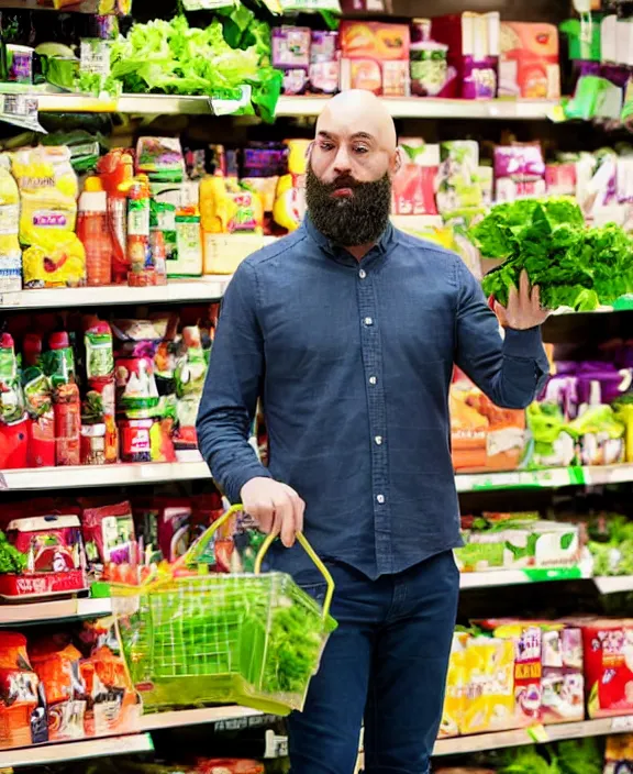 Image similar to a bald man with a beard gestures to a display of boxes of suddenly salad at the end cap inside a supermarket