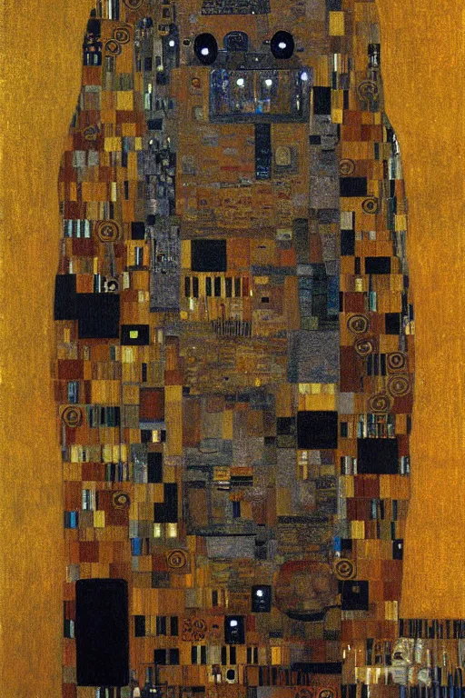 Image similar to robot monk painting a self - portrait on a canvas. intricate, highly detailed, photorealistic, film still, by gustav klimt.