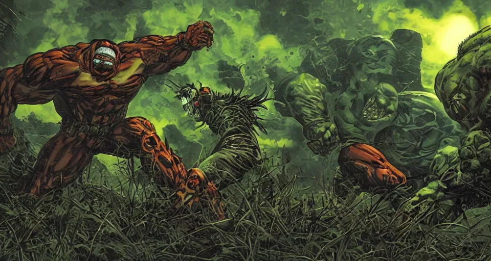 Prompt: Marvel Comics The Psycho Juggernaut Battles The Biomechanical Hulk and Venom In A Misty Swamp, bats, sunset, volumetric lighting, hyperrealistic, beautiful details, HDR, octane render, action shot, wide angle, bokeh, Yasushi Niarasawa Moebius Jim Steranko Style