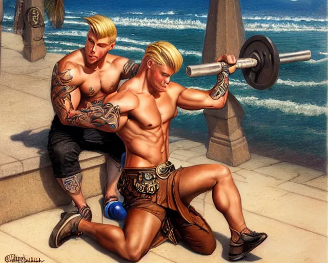 Prompt: handsome tattooed blonde gym bro by the water, steampunk painting by artgerm, gaston bussiere, craig mullins, j. c. leyendecker, tom of finland