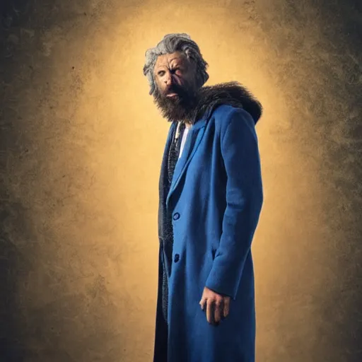 Image similar to poor lion man as a rough dirty old man with a scruffy beard in a dark blue trenchcoat as the new doctor who, cinematic, volumetric lighting, f 8 aperture, cinematic eastman 5 3 8 4 film, photorealistic