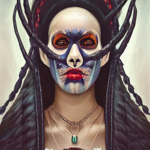 Image similar to a symmetrical portrait of a voodoo witch, oil painting, pale colors, high detail, 8 k, wide angle, trending on artstation,