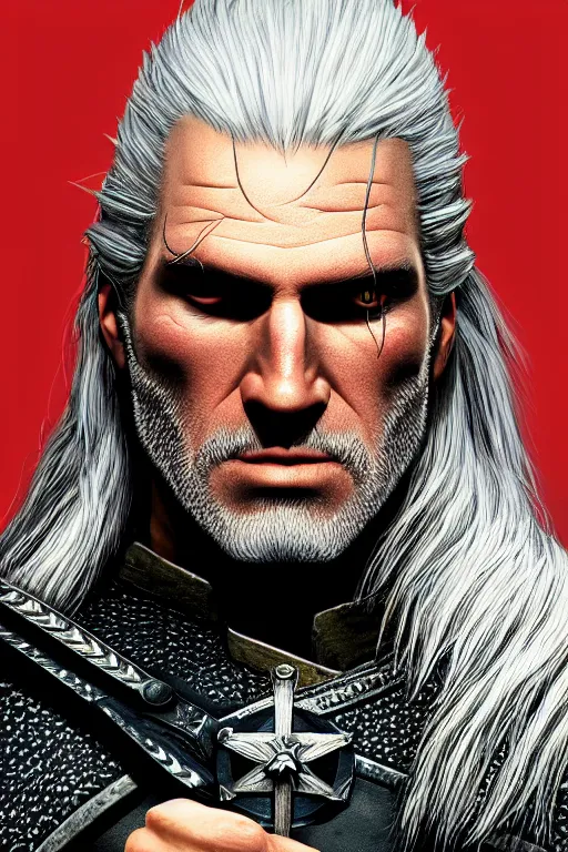 Image similar to portrait of geralt of rivia, 5 5 mm lens, professional photograph, times magazine, serious, stern look