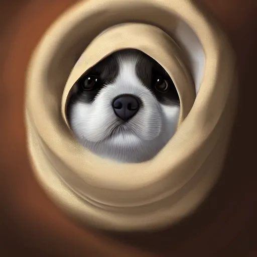 Prompt: cozy puppy tucked into bed, ultra detailed high quality digital art 4 k trending on artstation trending on r / aww