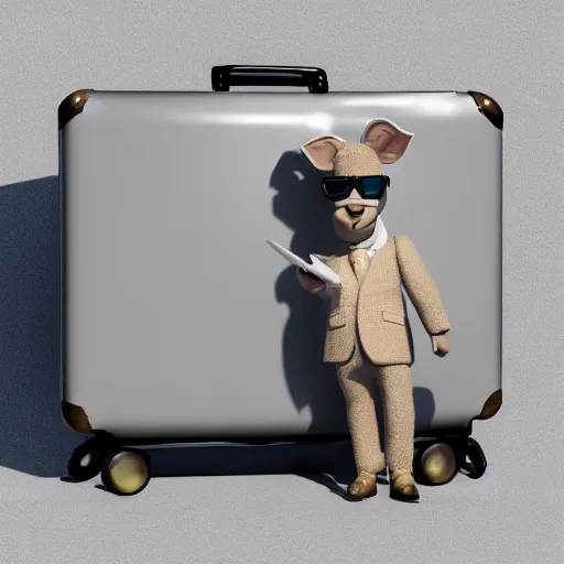 Prompt: 3D render of a donkey character in a suit and wearing cool sunglasses, next to a travel suitcase, gray background, amazing detail, artstation, octane render, 8k resolution, ray tracing