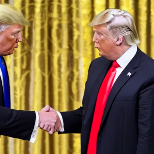 Image similar to press photo of donald trump shaking hands with a gray alien