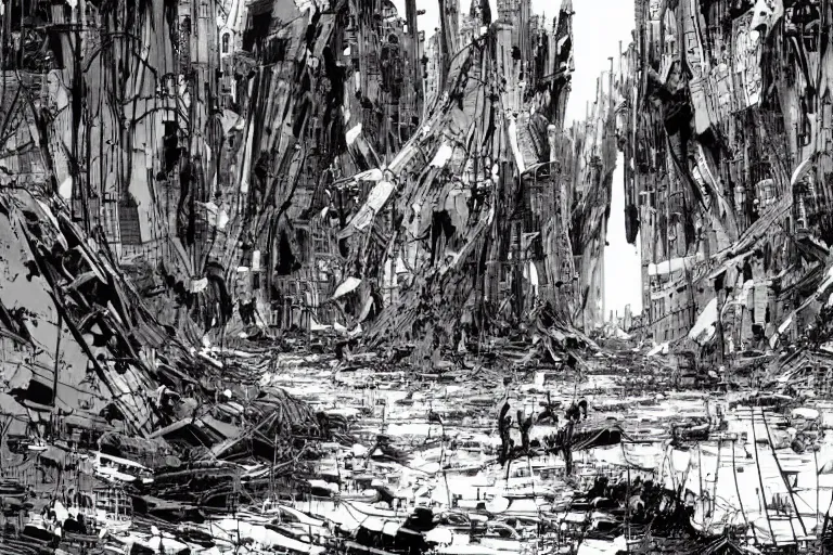 Image similar to no man's land, remnants of the human civilization, post-apocalyspe, by Tsutomu Nihei