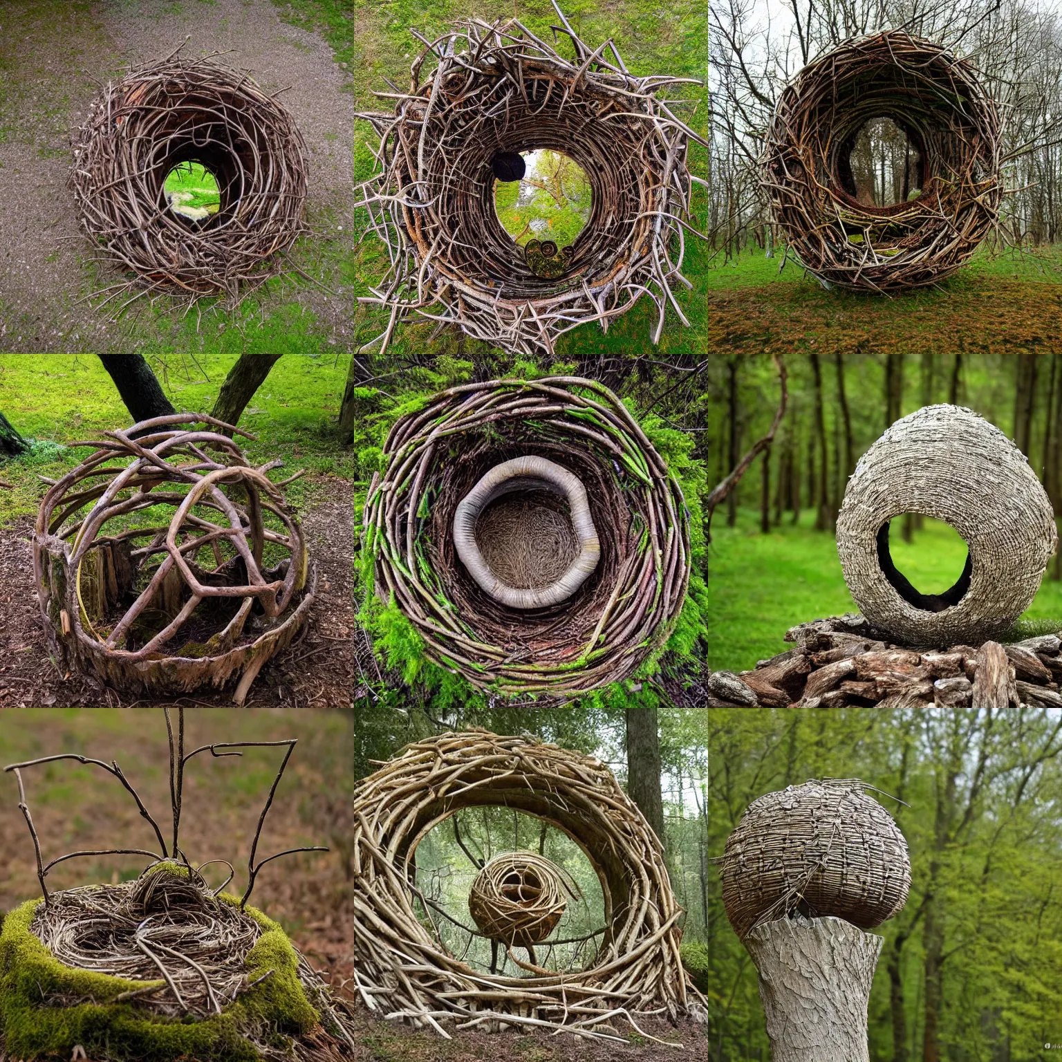 Prompt: an environment art sculpture by Nils-Udo, leaves twigs wood, nature, natural, round form, Bird nesting inside structure, leaf spiral pattern around outside of structure