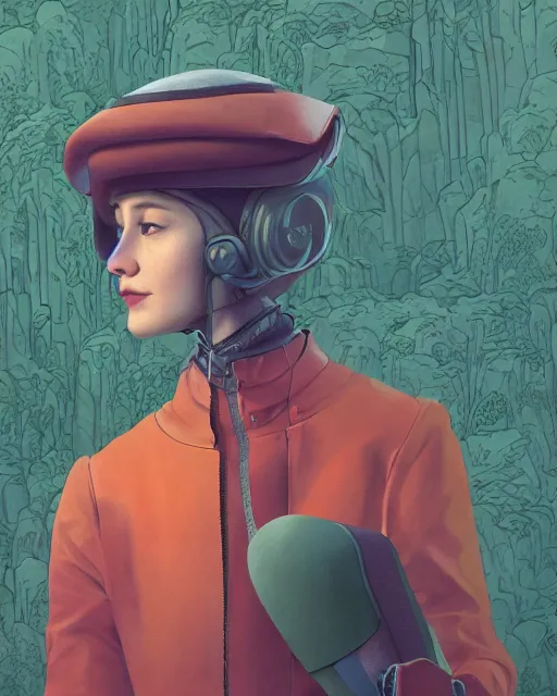 Image similar to portrait of alone androgynous girl wearing long orange vintage leather coat and wearing giant modular synthesizer 8 0 s sony stereo helmet and backpack. bakelite cliffs, moss green japanese forest background, ultrafine hyperdetailed illustration by hsiao - ron cheng and artgerm, the grand budapest hotel, glow, no crop, digital art, artstation, pop art