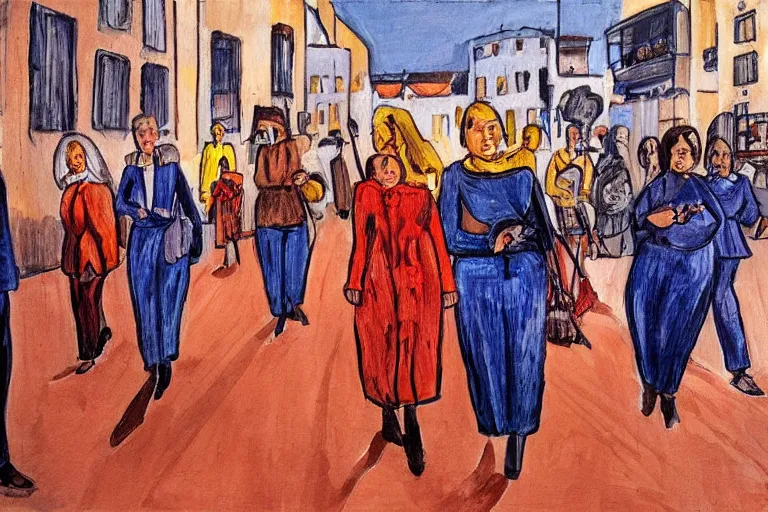 Prompt: woman movement, lisbon city at night, art in the style of paula rego