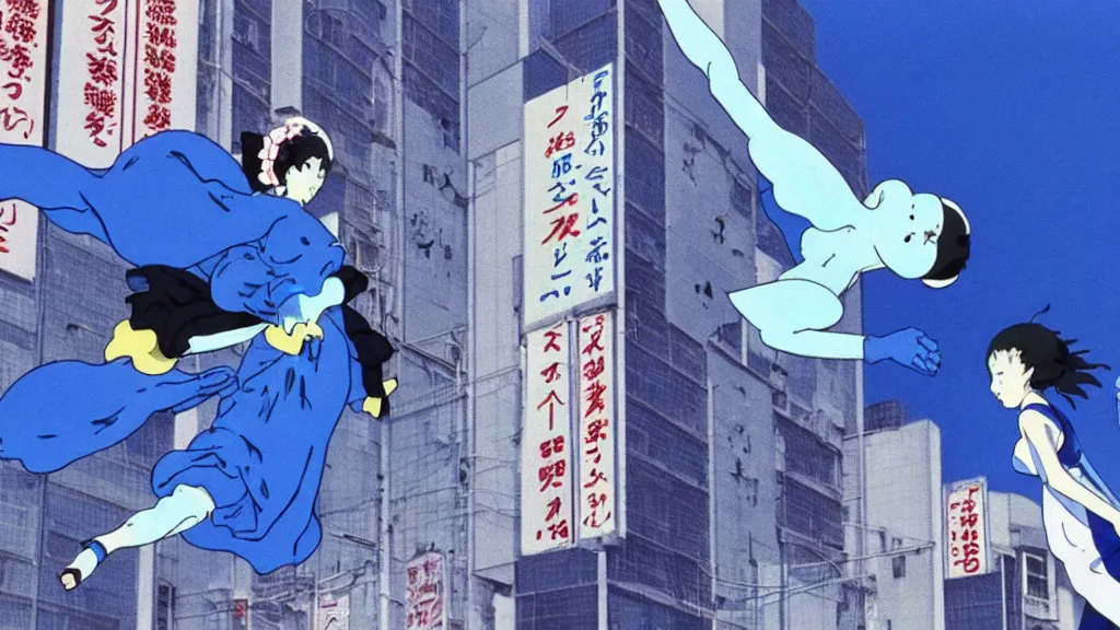 Image similar to a woman in a blue dress wearing a blue mantra ray mask falling from a building in Tokyo , anime film still from the an anime directed by Katsuhiro Otomo with art direction by Salvador Dalí, wide lens