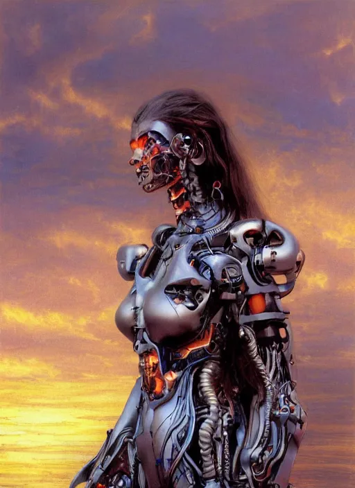 Image similar to a biblical diabolical beautiful female cyborg girl, long hair on the wind, adaptive armor, dynamic pose, heavy eyes to the side, art gallery, glowing veins and cracks, in clouds, sunset, portrait, by gerald brom, by mikhail vrubel, by peter elson, muted colors, extreme detail, reflections, trending on artstation, 8 k