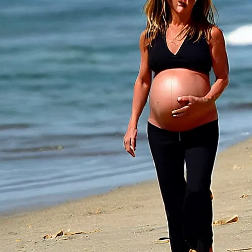 Image similar to Pregnant Jennifer Aniston walking on the beach, paparazzi photograph
