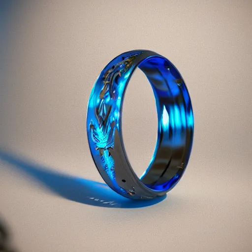 Image similar to a fantasy ring, blue glow, realistic reflections, intricate details, cinematic lighting, depth of field, octane render