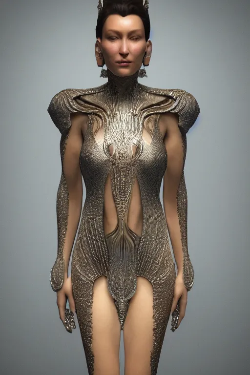 Prompt: a highly detailed metahuman 4 k render of an alien goddess bella hadid in iris van herpen dress schiaparelli in diamonds swarovski and jewelry in style of alphonse mucha trending on artstation made in unreal engine 4