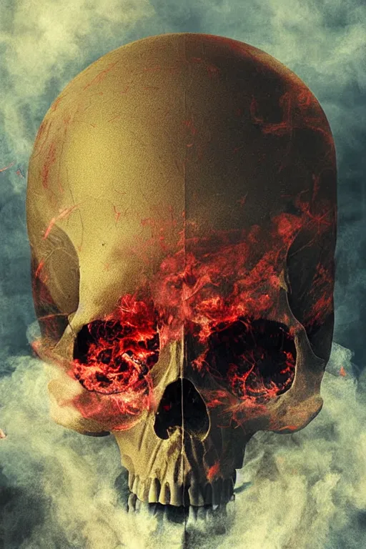 Image similar to immaculate painting of A Beautiful fine detailed gold and red and black huge skull floating in smoke over desolated wastelands, an iIlusion by erik johansson micro detailing