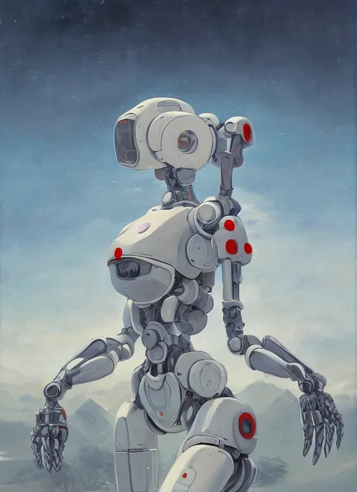 Prompt: an intricate oil painting of a giant pristine white anime humanoid feminine mecha with rounded components by simon stalenhag, inspired by nier : automata, clean white lab background