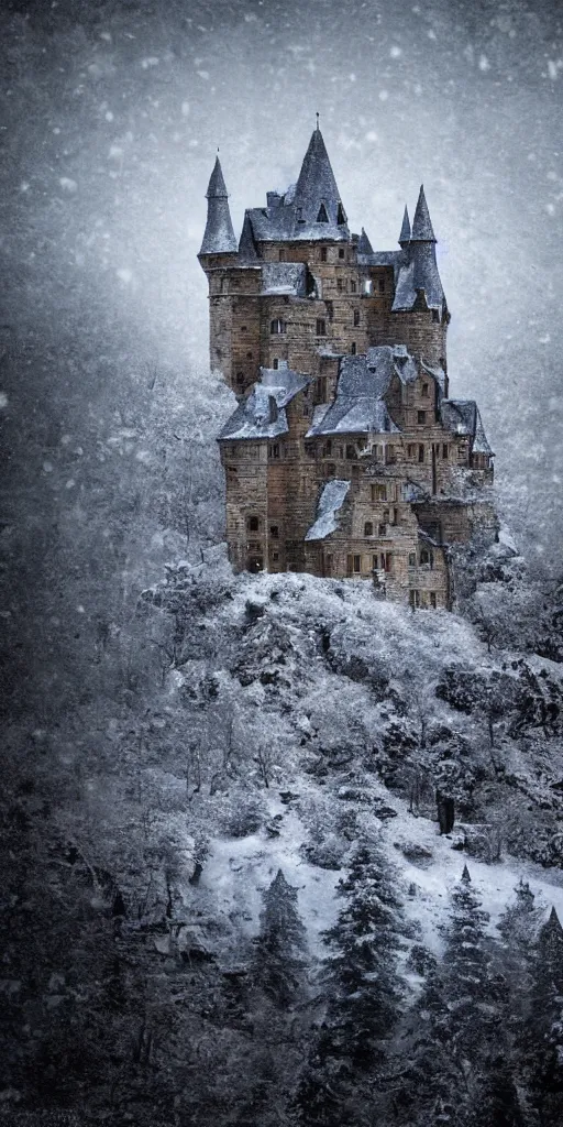 Image similar to a abandoned castle on top of a snowy mountain, 8 k, shallow depth of field, intricate detail, concept art,