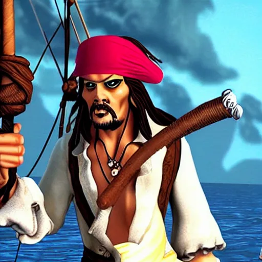 Prompt: Jack Sparrow as Guybrush Threepwood from Monkey Island, retro, 90\'s game