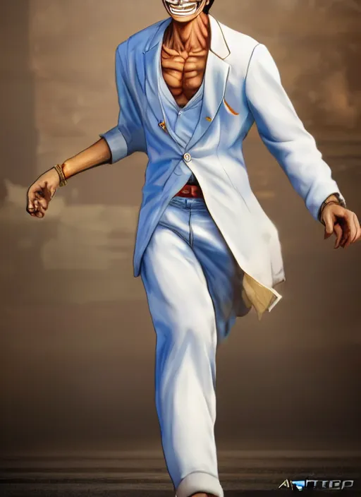 Prompt: a professional render of luffy wearing a white suit, concept art, sharp detail, smooth render, trending on ArtStation