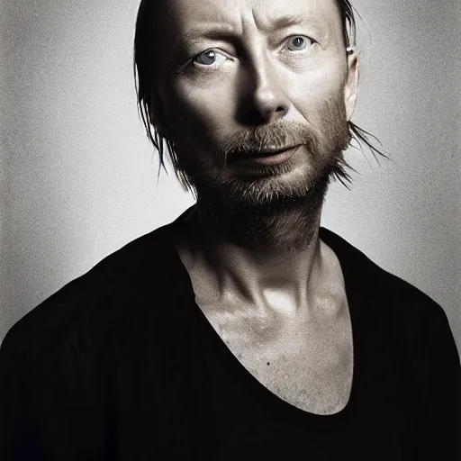 Prompt: Thom Yorke, with a beard and a black shirt, a computer rendering by Martin Schoeller, cgsociety, de stijl, tintype photograph, studio portrait, calotype