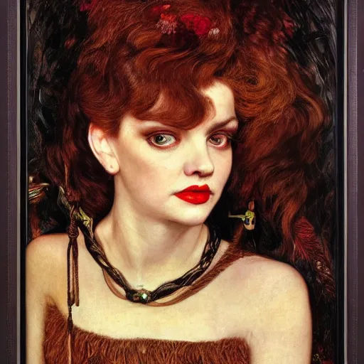 Image similar to portrait of a hybrid of a hybrid of judy garland and lady gaga and a hybrid of judy garland and christina ricci, with a brown fringe, holman hunt, john william waterhouse, kilian eng, rosetti, john everett millais, william holman hunt, 4 k