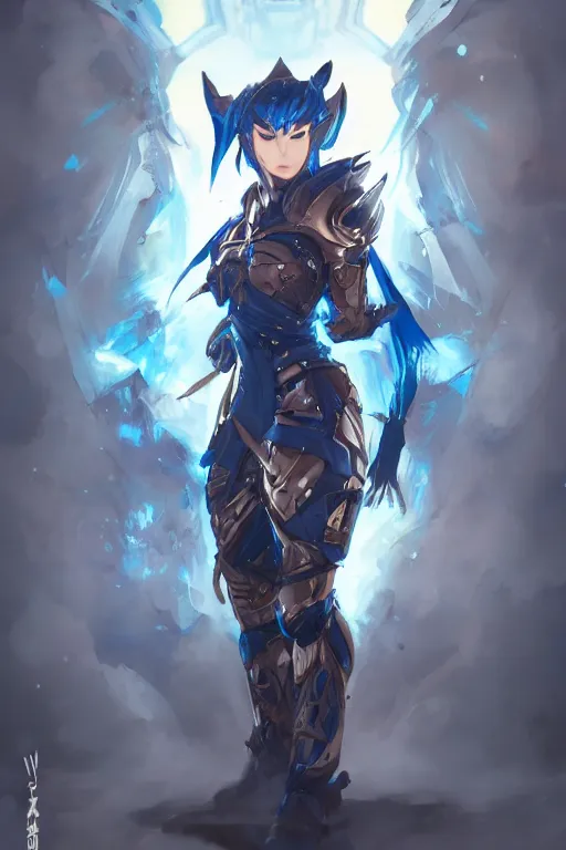 Prompt: concept art, anime portrait of a ninja cyborg wearing an azure wolf themed armor by Stanley Artgerm Lau, WLOP, Rossdraws, James Jean, Andrei Riabovitchev, Marc Simonetti, and Sakimichan, trending on artstation