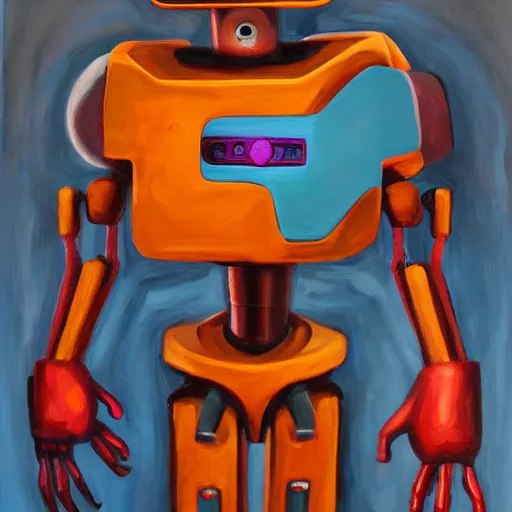 Prompt: half robot half dinosaur, oil painting