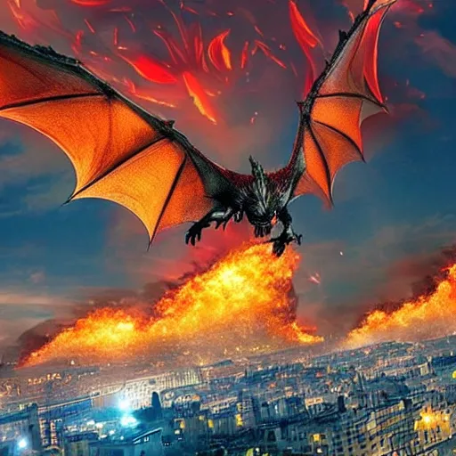 Image similar to dragons flying over city with flames coming from their mounths, epic scene