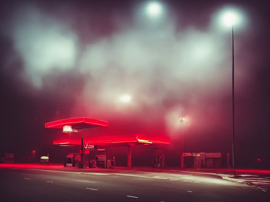 Image similar to “photography of gas station , fog, red lights, night, mood, atmospheric, full of colour, digital photography”