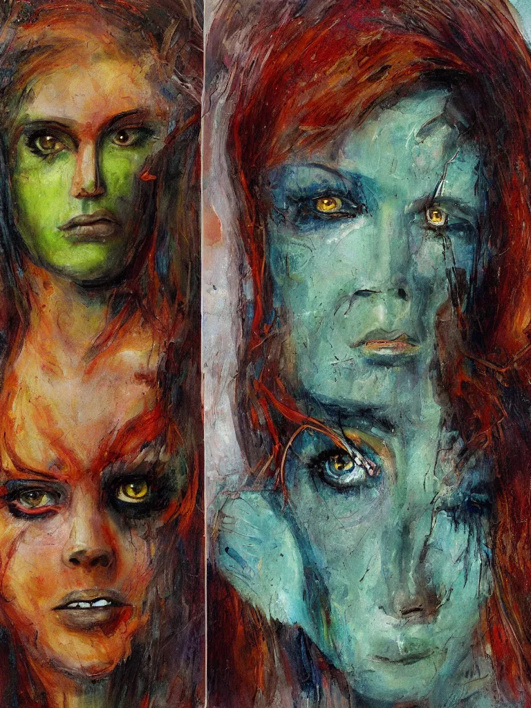 Image similar to half-length portrait of a female face, left side of face rusty mechanical robot, right side of face beautiful middle-aged human, left eye blue colored, right eye green colored, intense look, hair like flames, serious facial expression, similar Monica Belucci, by Simon Stalenhaag, by Mark Arian, by Julie Bell, by M.W. Kaluta, moody light, soft, 4K, matte painting, hyperdetailed, featured on artstation