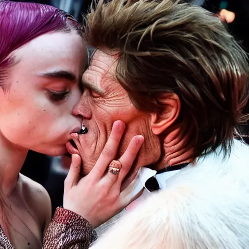 Image similar to willem dafoe kissing billie eilish in a bed