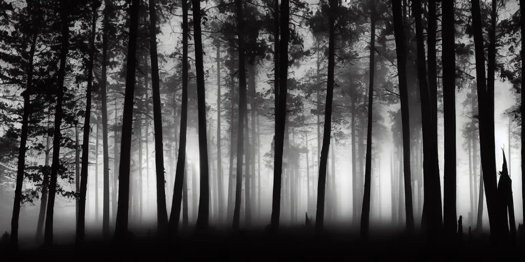 Image similar to silhouette tall spirits standing along the entire horizon in the mist with glowing reflective eyes in the dark northern California woods at night