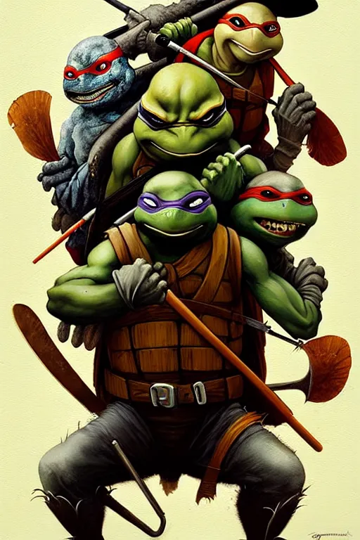 Prompt: hieronymus bosch, greg rutkowski, anna podedworna, painting of teenage mutant ninja turtles casey jones