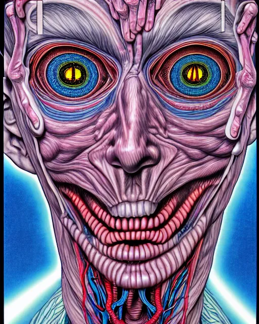 Prompt: human body breaking away, conjuring psychedelic illustration, part by shintaro kago, part by alex gray, ultra realistic, highly detailed, 8 k, trending on artstation, symmetry