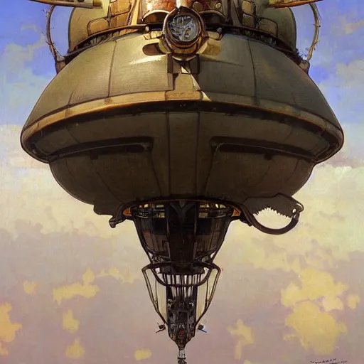 Prompt: a steampunk airship, seen from below, central composition, symetrical, alphonse mucha, realistic art deco, jean gireaud, hiroshi yoshida, artstation trending, painted by craig mullins