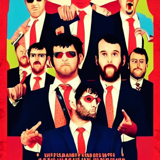 Image similar to tally hall, the band in suits with colorful ties, on a horror movie poster