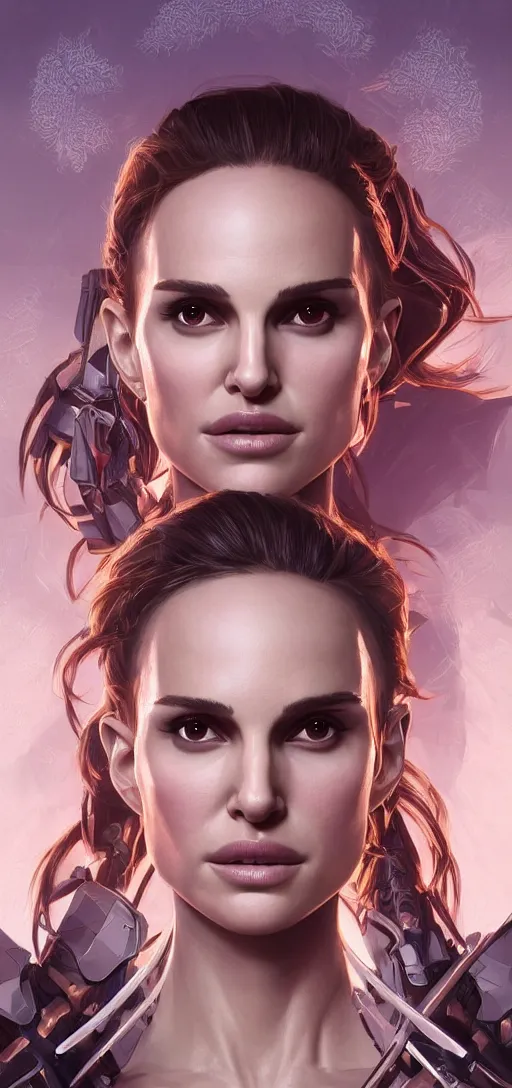 Image similar to symmetry!! portrait of natalie portman in the style of horizon zero dawn, machine face, intricate, elegant, highly detailed, digital painting, artstation, concept art, smooth, sharp focus, illustration, art by artgerm and greg rutkowski and alphonse mucha, 8 k