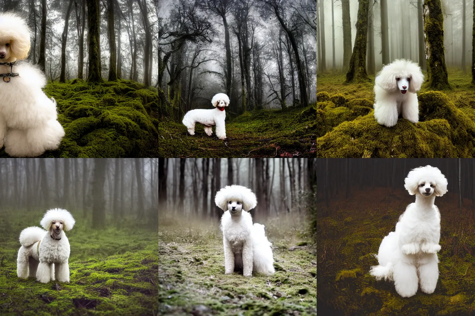 Prompt: high detail photo extreme long shot of a small abandoned dirty white poodle sitting alone in the mossy foggy forest at night, bright moonlight, wide angle photography, biarwitch, distorted, desolate, atmospheric, hazy, 8k