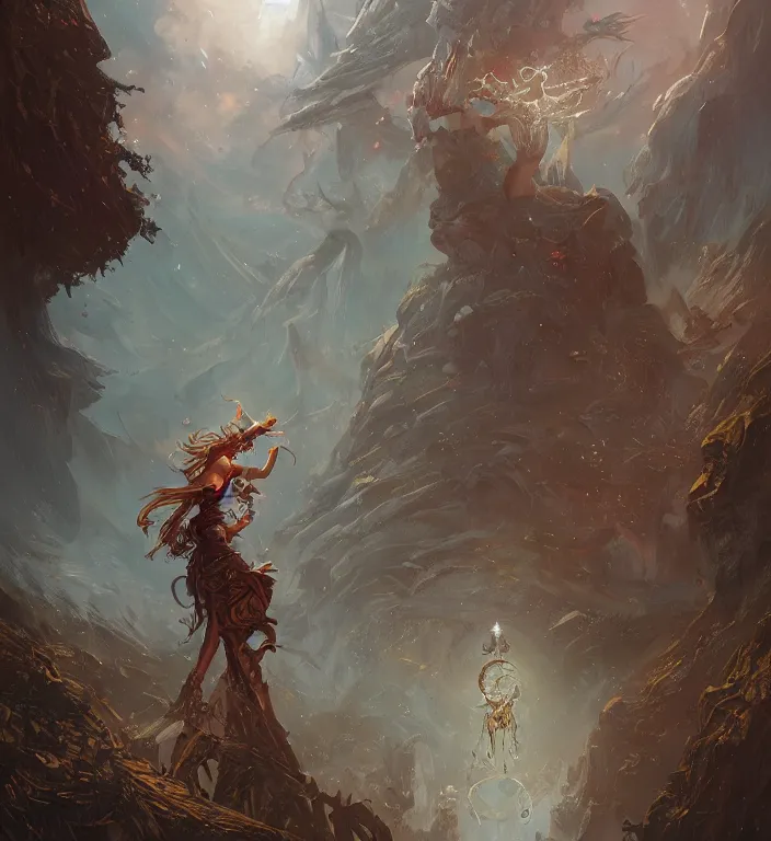 Image similar to full body illustration of a goddess, tarot card, dark souls colour scheme, establishing shot, coherent, high detailed, peter mohrbacher, kerem beyit, Karol Bak, Chris Cold, james gurney, dan mumford, featured on artstation