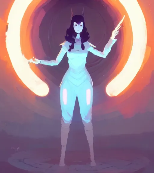 Image similar to a full body portrait of a female mage, d & d, fantasy, standing near a portal by atey ghailan, by greg rutkowski, by greg tocchini, by james gilleard, by joe fenton, by kaethe butcher, dynamic lighting, gradient light blue, brown, blonde cream and white color scheme, grunge aesthetic