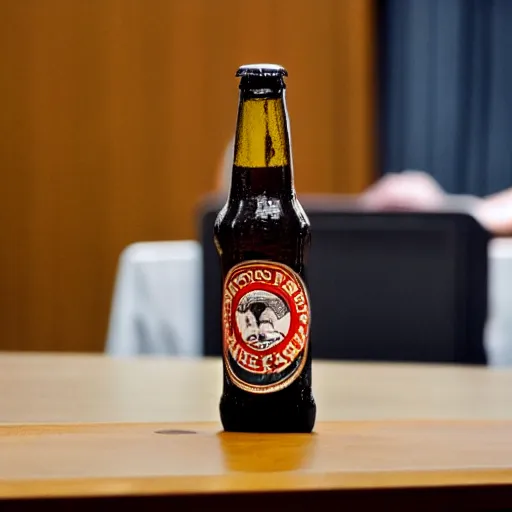 Prompt: a bottle of beer testifying in court